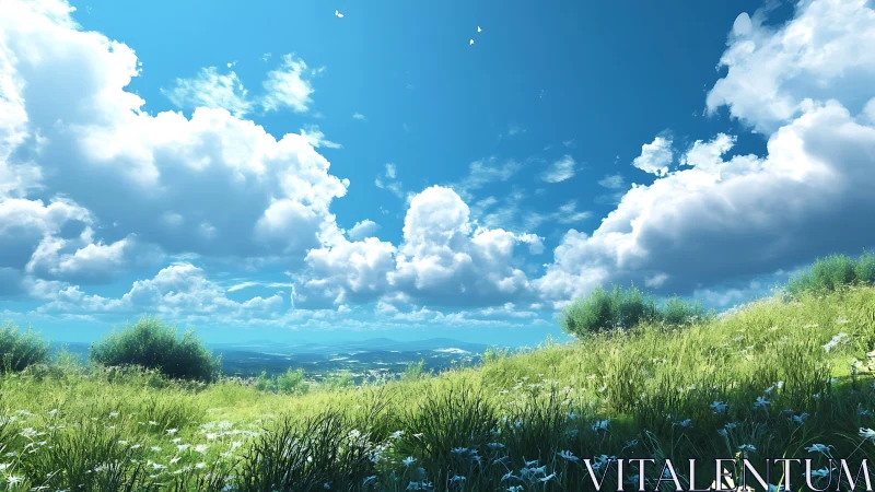 Sunny grassy hillside under deep blue sky with clouds.