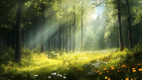 Sunlit forest clearing with wildflowers in a realistic nature style.