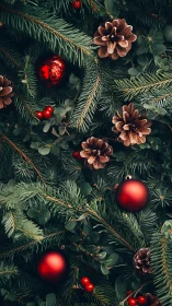 Red baubles glow among evergreen branches and pinecones.
