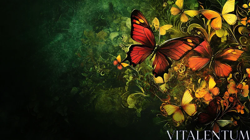 Vivid red and yellow butterflies over dark green background.