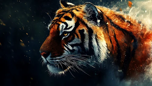 Tiger profile in vivid digital paint and drifting sparks.