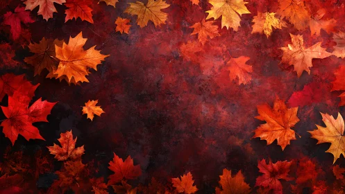 Autumn maple foliage frames textured crimson abstract field