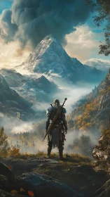 Lone adventurer gazes toward a misty, storm-crowned peak.