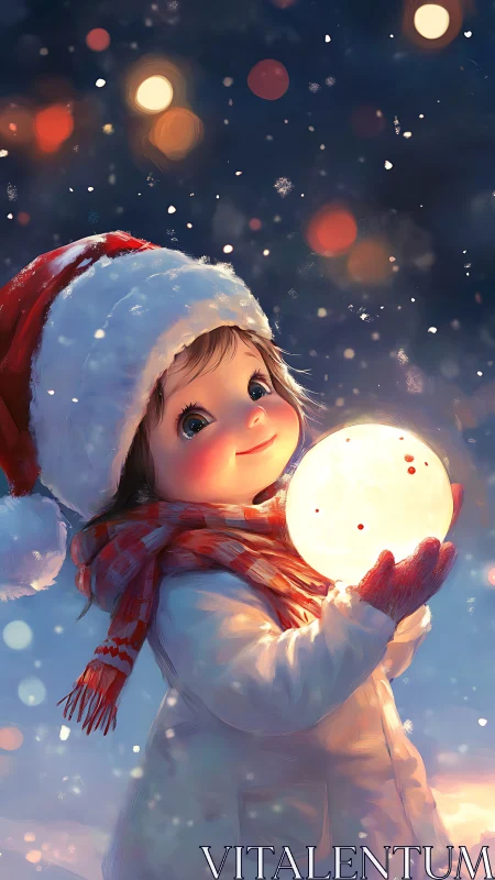 Child in winter clothing holding glowing orb outdoors at night.