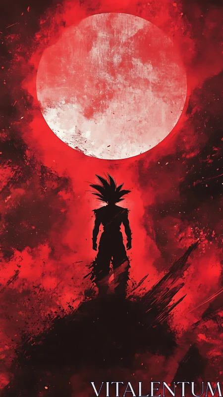 Saiyan silhouette under blood moon amid scarlet storm.