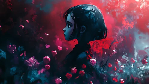 Melancholic profile girl immersed in neon floral haze.