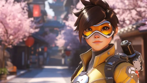 Stylized character in yellow suit before cherry trees scene.