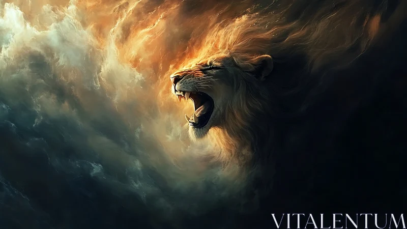 Lion head emerging from swirling cloud-like formations.