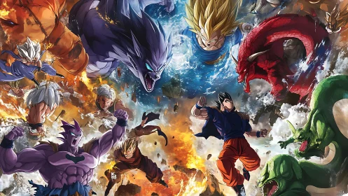 High-energy anime battle tableau with dragons and warriors