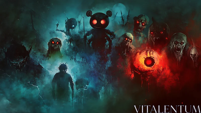 Nightmarish glowing-eyed creatures gather in eerie mist