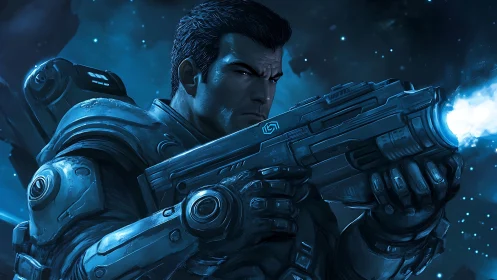 Armored space soldier aims plasma rifle in blue nebula field.