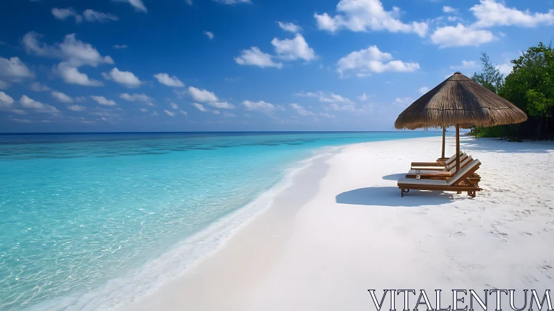 Tropical beach with white sand, turquoise water, thatched umbrella.