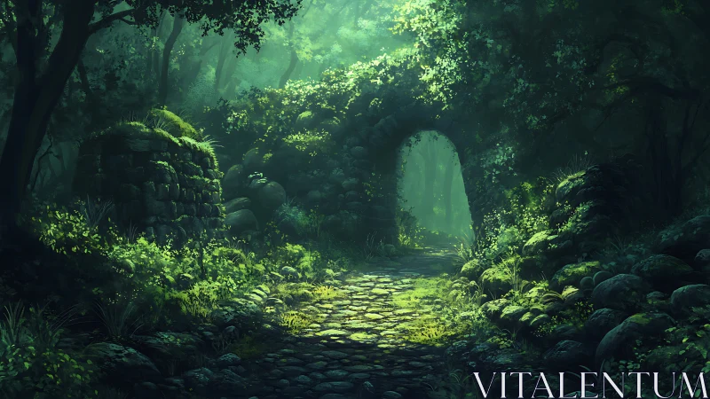 Luminous forest passage bathed in ethereal green light.