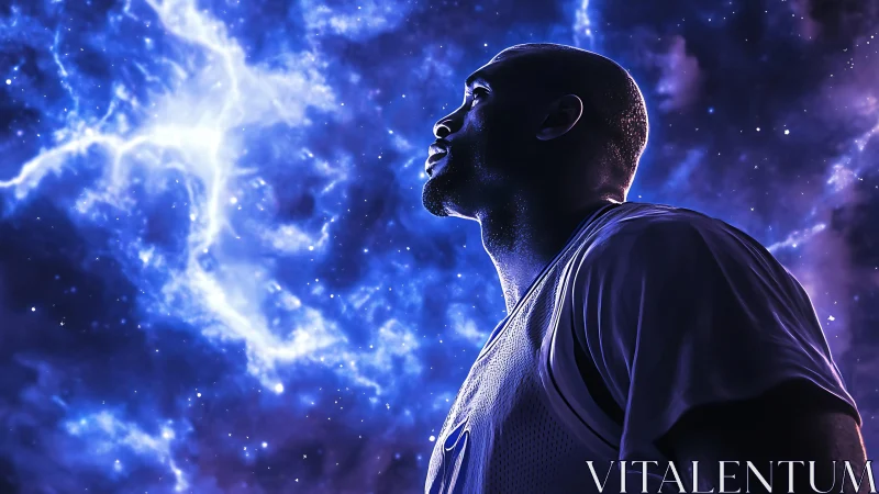 Side-lit basketball player silhouette against ionized nebula sky