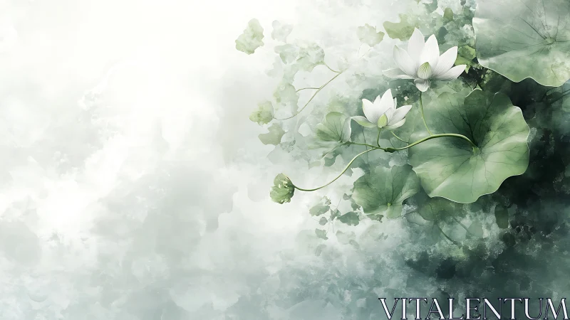 White lotus flowers with broad green leaves on misted field.