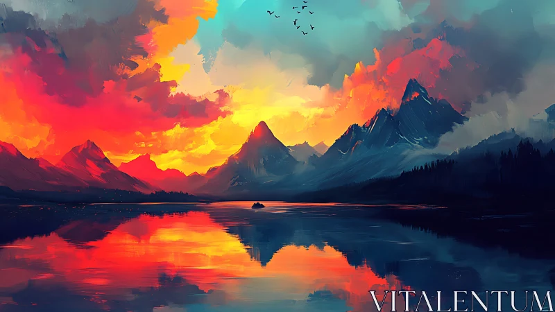 Chromatic alpine lakescape under turbulent spectral sunset.