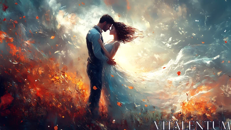 Romantic Couple Silhouette Against Fiery Skies.