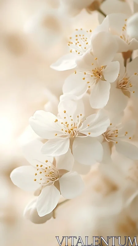 Delicate White Blossoms With Golden Stamens in Soft Light