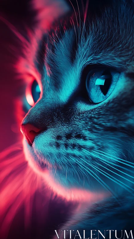 Dual-Tone Feline Portrait: Neon Chromatic Separation and High-Contrast Lighting