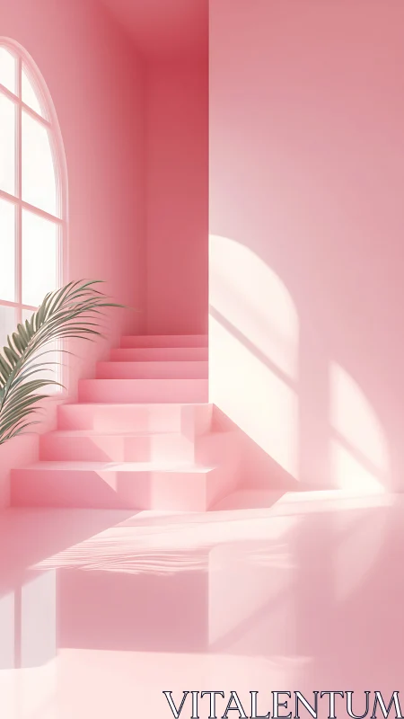 Sunlit pastel staircase in minimal monochrome interior.