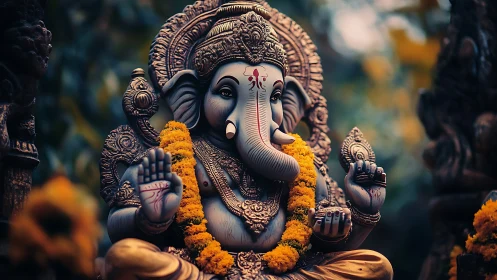 Gentle Ganesha statue surrounded by golden marigold garlands.