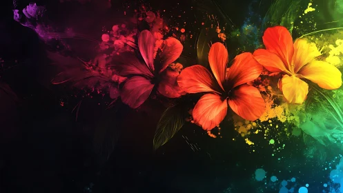 Chromatic hibiscus florals on dark ground with splatter arcs
