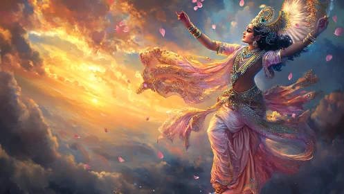 Divine celestial dancer soars through radiant sunset clouds