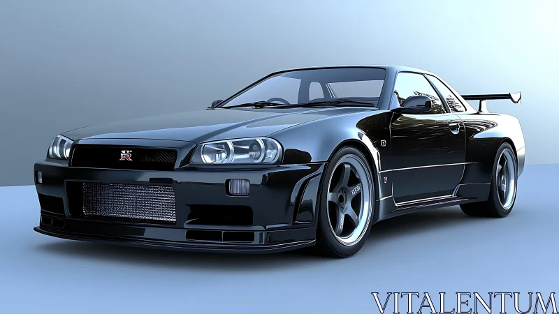 High-gloss black performance coupe rendered with realistic reflections