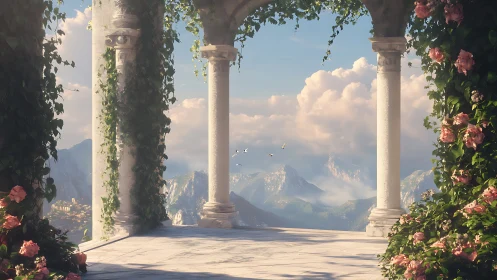 Sunlit marble terrace overlooks distant misty mountains