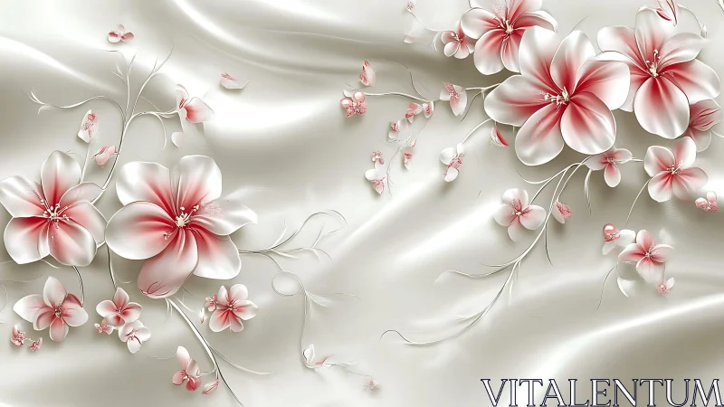Pink and White Floral Design on Silk. Elegant botanical composition.