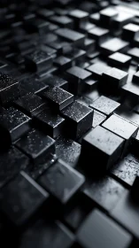 Glossy black cubic array forms a wet industrial micro-landscape