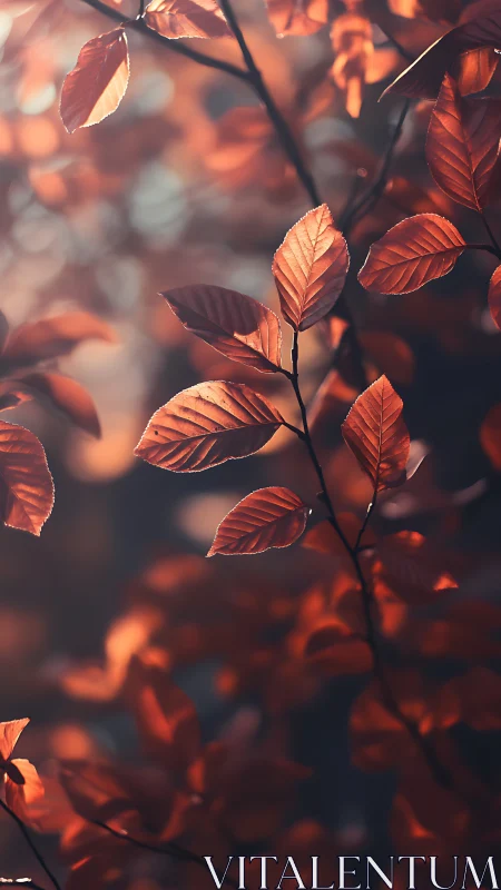 Sunlit copper leaves hang on thin branches in soft focus