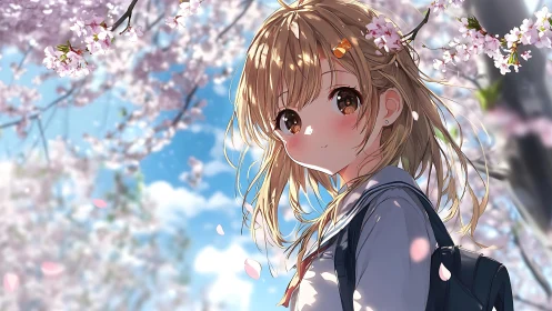 Girl in school uniform stands under cherry blossoms outdoors