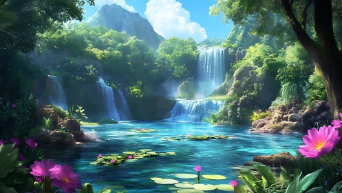 Emerald cascades and lotus-laced lagoon in sunlit dreamscape.