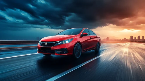 Red sedan racing on wet highway at sunset stormlight.
