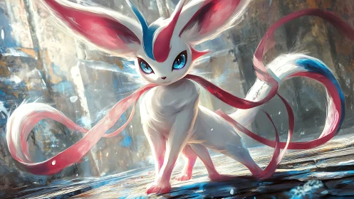 Sylveon-like creature stands poised amid luminous ruins
