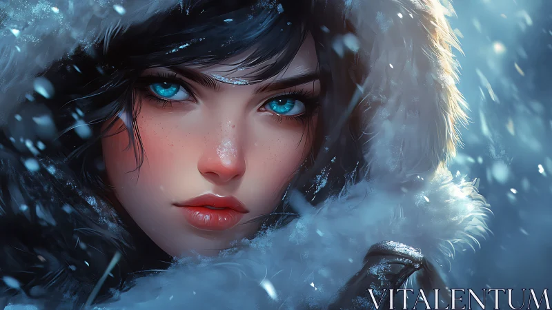 Hyperreal winter portrait of blue-eyed woman in snowstorm