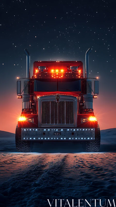 Red semi truck glows against snowy horizon under starry sky