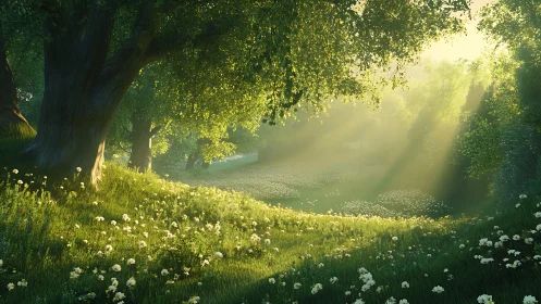 Volumetric sunrise rays traversing meadowed forest glade.
