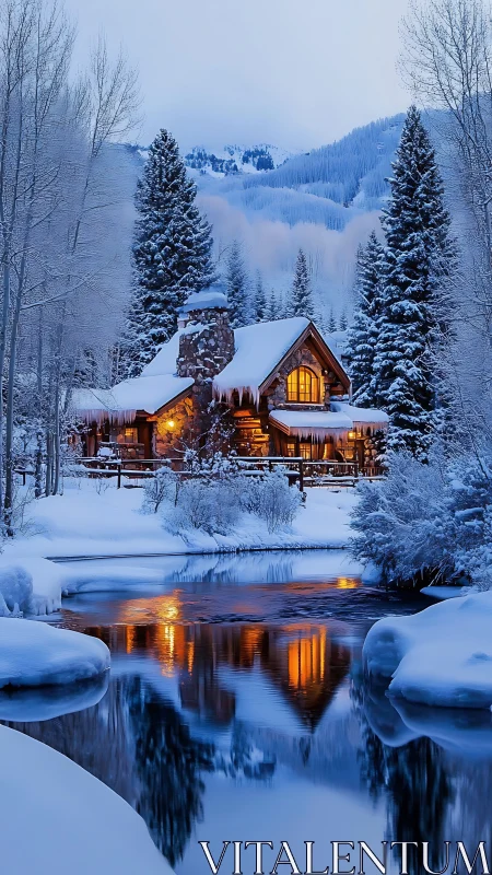 Snow-laden riverside log cabin with warm interior lighting