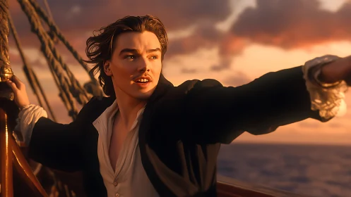 Sunset-struck dreamer leaning into the wind at sea.