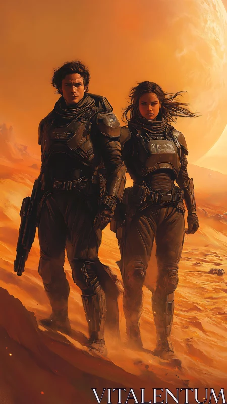Armored explorers walk windswept dune under looming planet