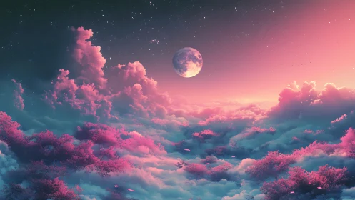 Surreal moonrise above neon pink celestial cloud sea.
