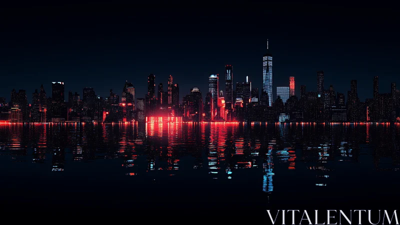 Neon red skyline reflection over dark futuristic harbor.