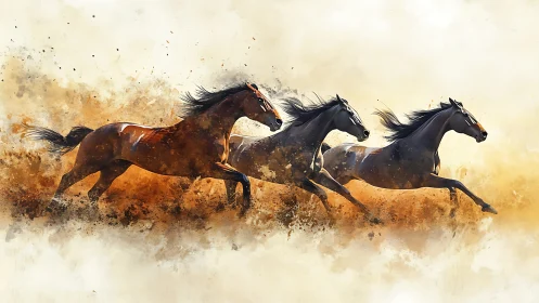 Wild horses sprint through desert light in fluid motion.