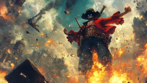 Sky-scorched swordsman strides through a burning warstorm.