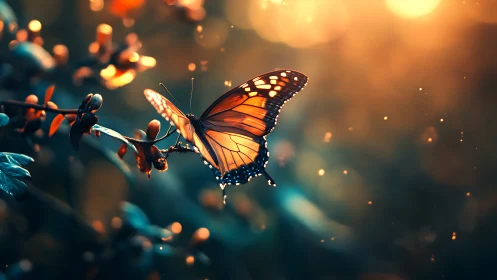 Gentle butterfly glowing in golden evening garden light.