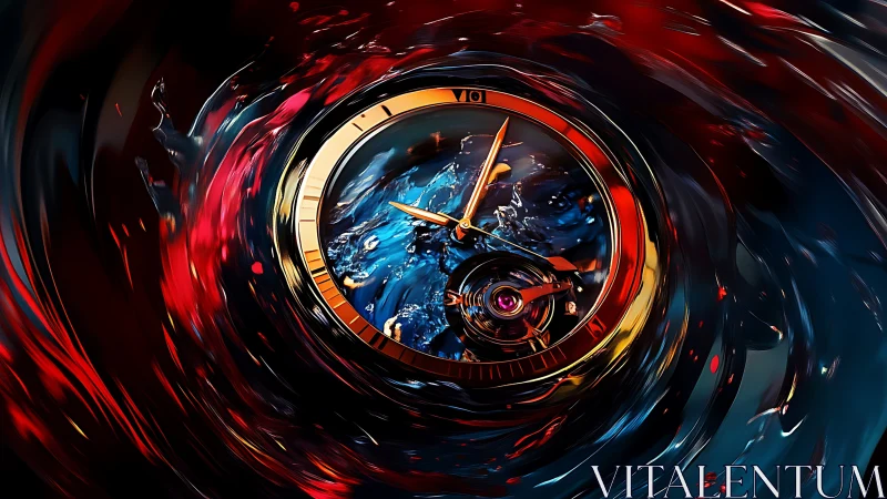 Kinetic gold chronograph swirling through liquid crimson time.