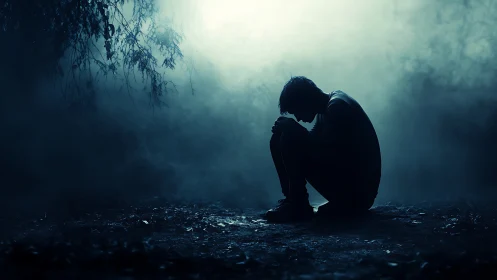 Silhouetted figure sits on forest floor in dense blue fog