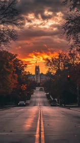 Telephoto city street perspective isolates tower under stratified sunset